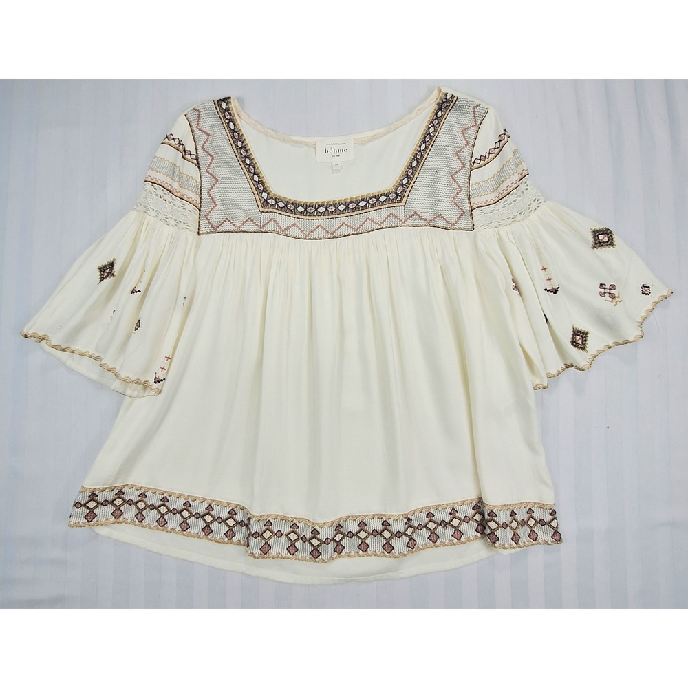 Bohme Womens Cream Embroidered Bell Sleeve Peasant Blouse Square Neck Medium